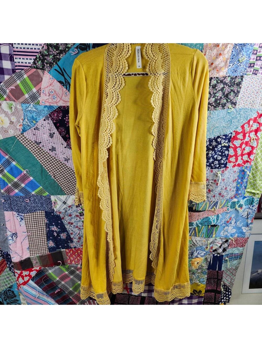 Tickled Teal Mustard Yellow Lace Trim Duster Cardigan Size M